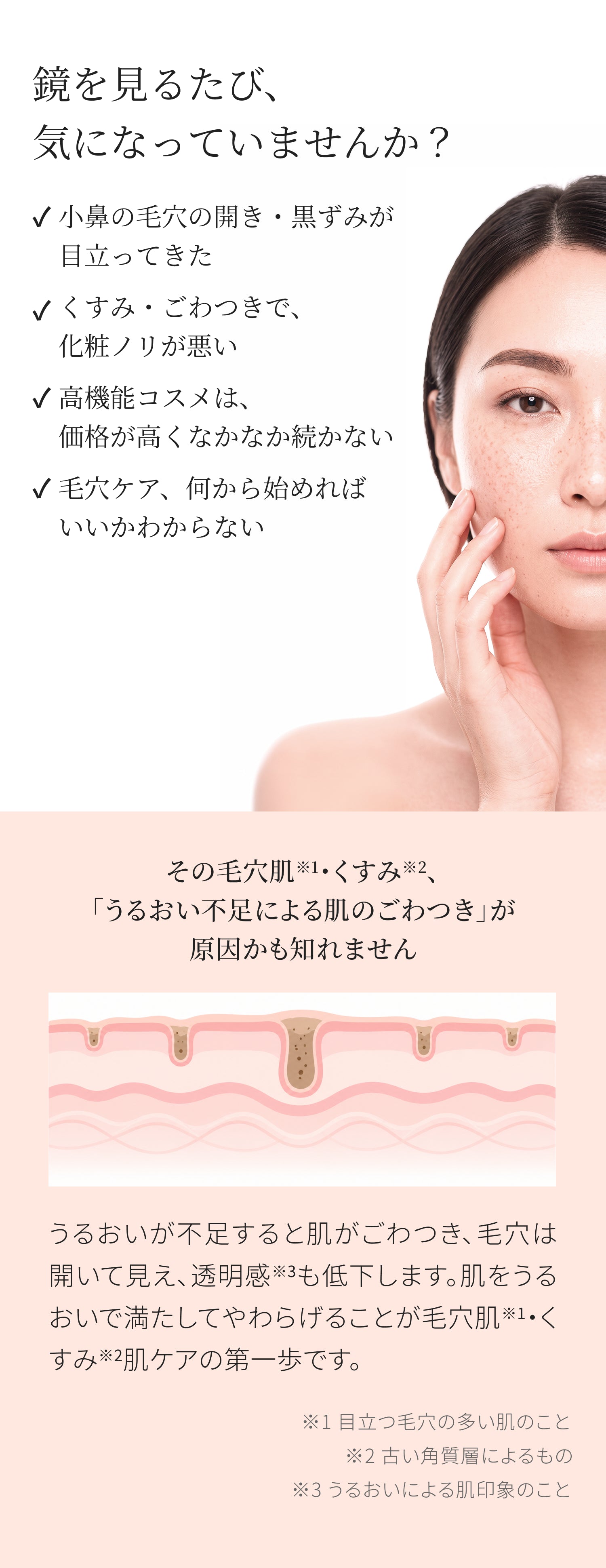 鏡を見るたび、気になっていませんか。毛穴肌・くすみはうるおい不足による肌のごわつきが原因かも知れません
