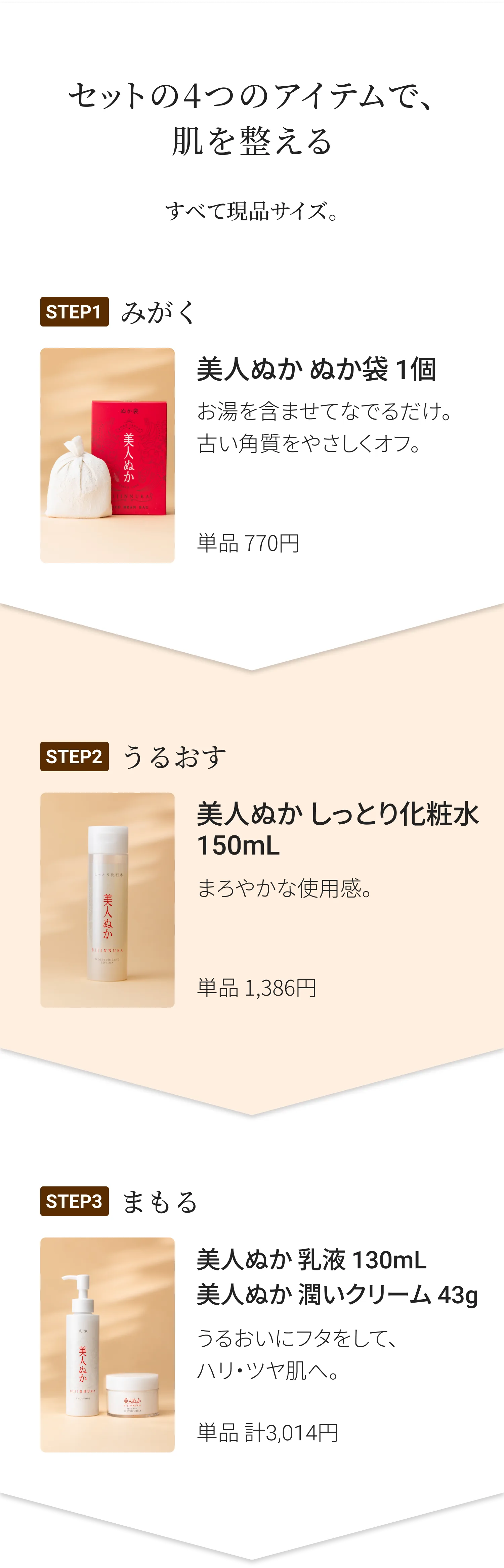 セットの4つのアイテムで肌を整える。みがく、うるおす、まもる